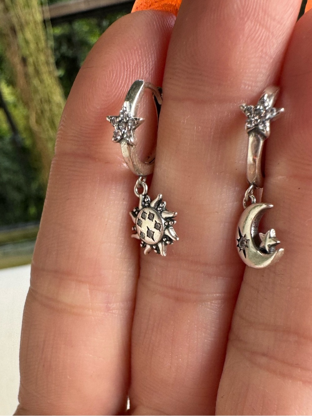 Sterling Silver Sun & Moon Dangle Mini Hoop Earrings w/ clear crystal accents